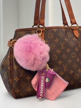 NEW Lilac Purple Woven Pouch Pom Pom Starbucks Cup Bag Charm Keychain Set